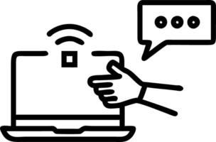 Hand interacting with holographic chatbot AI interface on laptop showing smart assistant icons in empty space Set 6 vector