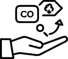 Hand interacting with holographic carbon footprint device showing carbon reduction net zero sustainability icons in empty space vector