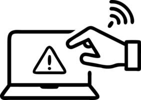 Hand interacting with holographic alert triangle hovering above a laptop vector