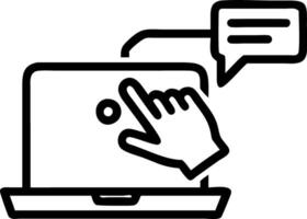 Hand interacting with holographic AI chatbot device on laptop showing smart assistant automation intelligent assistant icons in empty space vector