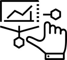 Hand interacting with dynamic graphs and data points displayed on a holographic interface to represent data analysis in business intelligence vector