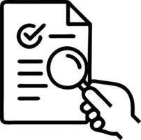 Hand holding magnifying glass over holographic document with checklist and certification icons representing document review and quality control in empty space vector