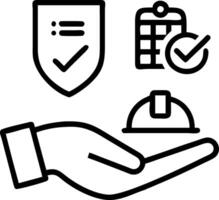 Hand holding holographic work safety icons with shield hard hat checklist health protocols in empty space Set 2 vector