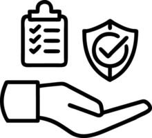 Hand holding holographic work safety and compliance icons including shield hard hat checklist health protocols in empty space vector