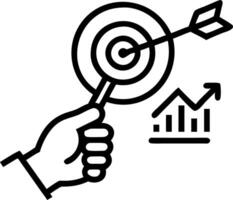 Hand holding holographic magnifying glass with bullseye icon and business symbols representing business growth marketing targets goal achievement in empty space Set 6 vector