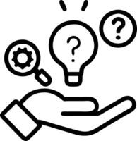 Hand holding holographic idea discovery device showing magnifying glass question marks light bulb icons in empty space vector