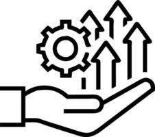 Hand holding holographic gears and upward arrows icons symbolizing process improvement and productivity growth in empty space vector