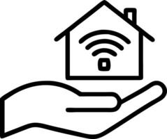 Hand holding holographic home icon with smart security features floating above in empty space vector