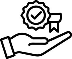 Hand holding holographic checkmark with quality assurance certification symbols on blue background in empty space vector