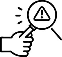 Hand holding a magnifying glass focusing on a glowing red warning icon representing magnifying cyber threats in a digital security context vector