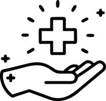 Hand holding a holographic cross with health related icons around it representing healthcare solutions in a digital health interface Set 2 vector