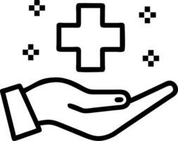 Hand holding a holographic cross with health related icons around it representing healthcare solutions in a digital health interface vector