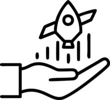 Hand holding a glowing rocket surrounded by growth indicators representing startup growth in a digital environment vector