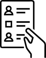Hand filling out holographic online employee assessment form interface displaying employee profile checklist interview process icons representing digital HR management and talent r vector