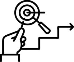Hand climbing holographic stairs towards target within magnifying glass symbolizing progress determination goal achievement in personal or business contexts in empty space concept vector