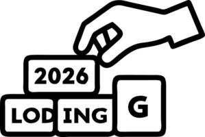Hand arranging holographic wooden blocks spelling Loading 2026 with transition planning in empty space vector