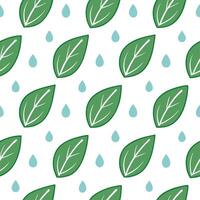 Gentle spring rain seamless tile pattern with soft raindrops on fresh green leaves symbolizing growth vector