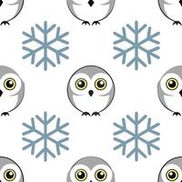 Frosty snowflake and snowy owl seamless tile pattern with winter wildlife elements vector