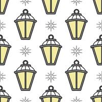 Frosty snowflake and lantern seamless tile pattern with glowing winter elements vector