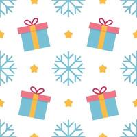Frosty snowflake and holiday present seamless tile pattern with colorful gift elements vector