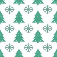 Frosty snowflake and Christmas tree seamless tile pattern with festive green and white tones vector