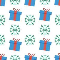 Festive snowflake and gift box seamless tile pattern with colorful winter elements vector