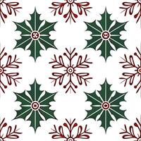 Elegant snowflake and holly leaf seamless tile pattern with rich red and green tones vector