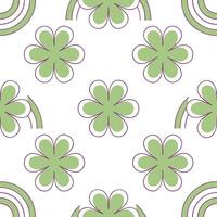 Elegant four leaf clovers and rainbows seamless tile pattern with graceful spring motifs vector