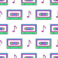 Design a seamless pattern combining retro cassette tapes and musical notes in neon colors for an 80s music vibe vector