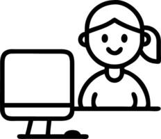 Cute African girl participates in distance learning via virtual online class conference with teacher tutor and peers studying together at home on computer vector