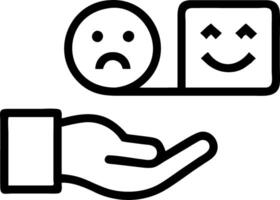 Customer sentiment illustrated by a hand holding a cube displaying happy and sad emoticons representing customer feelings and feedback vector