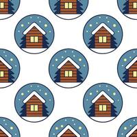 Cozy winter cabin seamless tile pattern with snow covered rooftops and warm lights vector