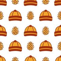 Cozy knitted blanket and pinecone seamless tile pattern with warm autumn tones vector