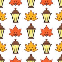Cozy autumn lanterns seamless tile pattern with warm lights and fall foliage vector