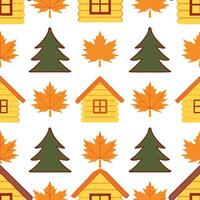 Cozy autumn cabin silhouette seamless tile pattern with pine trees and colorful leaves vector