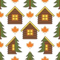 Cozy autumn cabin seamless tile pattern with pine trees leaves and warm lights vector