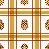 Cozy autumn plaid and pinecones seamless tile pattern with warm colors and rustic textures vector
