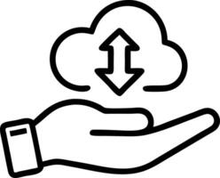 Cloud storage depicted by a hand holding a glowing cloud with data upload and download icons in a digital workspace vector
