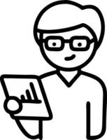 Busy young African businessman employee with glasses looks at tablet device analyzes market data while working standing in office Black male student uses digital tablet device copy vector