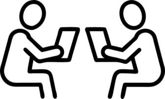 Business team of two happy successful professional businessmen executives working together standing in office using digital tablet computer technology managing data in corporate of vector