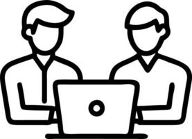 Business team of two busy happy professional business men employees working together standing in corporate office having conversation sharing ideas using laptop computer technology Set 9 vector