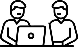 Business team of two busy happy professional business men employees working together standing in corporate office having conversation sharing ideas using laptop computer technology vector