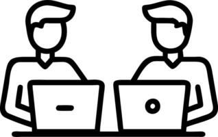 Business team of two busy happy professional business men employees working together standing in corporate office having conversation sharing ideas using laptop computer technology Set 7 vector