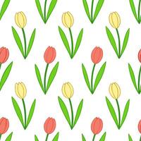 Blossoming tulips seamless tile pattern with fresh green stems and colorful petals symbolizing growth vector