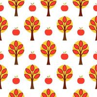Autumn apple orchard seamless tile pattern with ripe apples trees and fall foliage vector