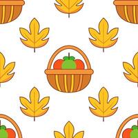 Autumn harvest basket seamless tile pattern with fruits vegetables and fall accents vector