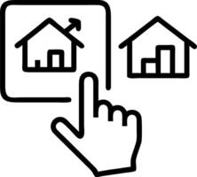 A holographic real estate dashboard with property icons guided by a hand selecting listings for a dynamic housing portfolio vector