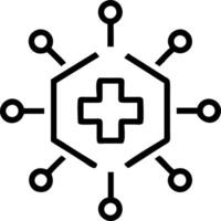 A holographic cross symbol surrounded by health related digital icons representing healthcare technology in a digital health interface vector