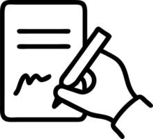 A hand signing a holographic document with glowing ink effects representing digital signatures in a digital document interface vector