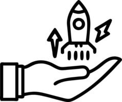 A hand holding a glowing rocket surrounded by growth indicators representing startup growth in a digital environment vector